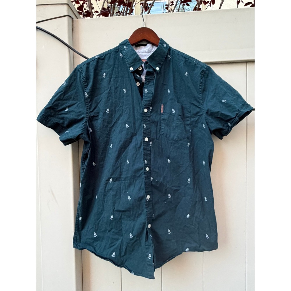Ben Sherman Mens Short Sleeve Button Down Shirt Teal Green Floral Print Size L